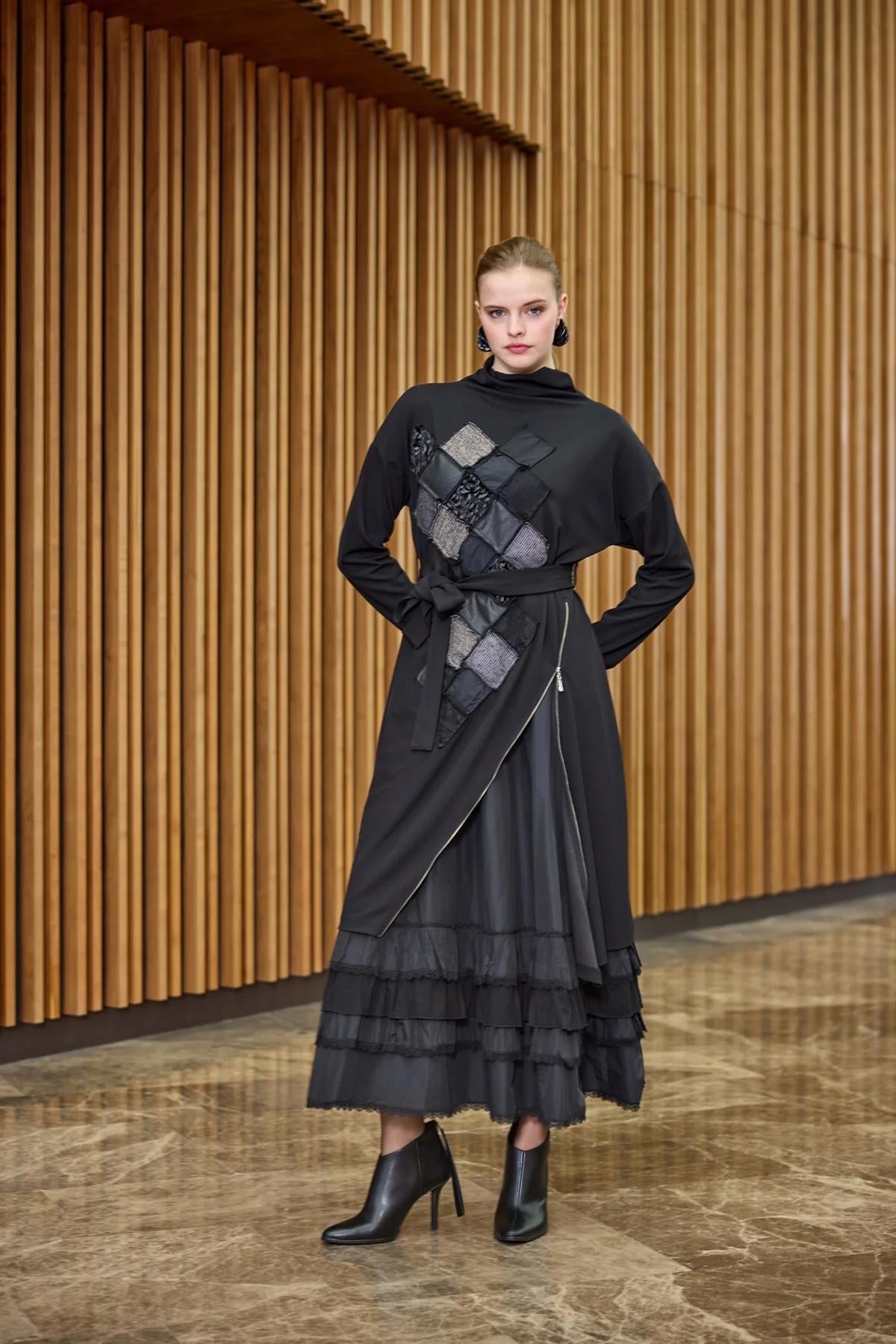 Zipper Detailed Patchwork Double Dress