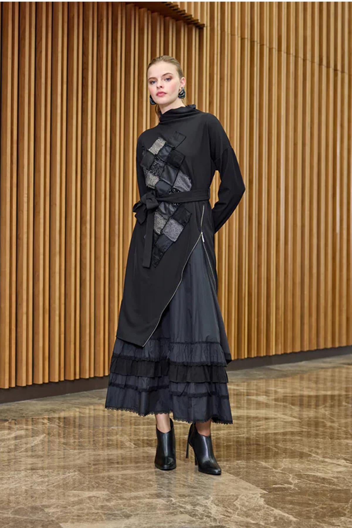 Fermuar Detaylı Patchwork İkili Elbise