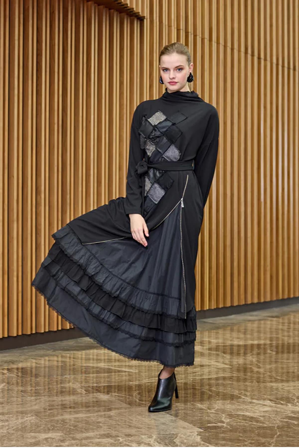 Fermuar Detaylı Patchwork İkili Elbise