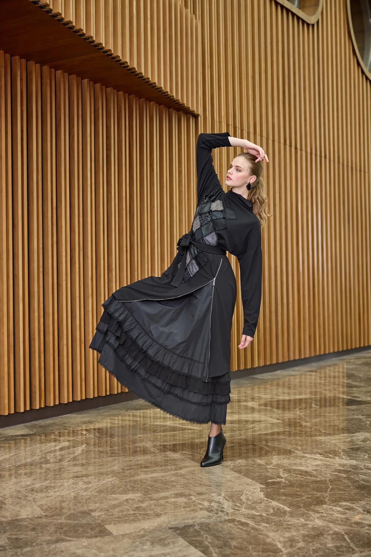 Fermuar Detaylı Patchwork İkili Elbise