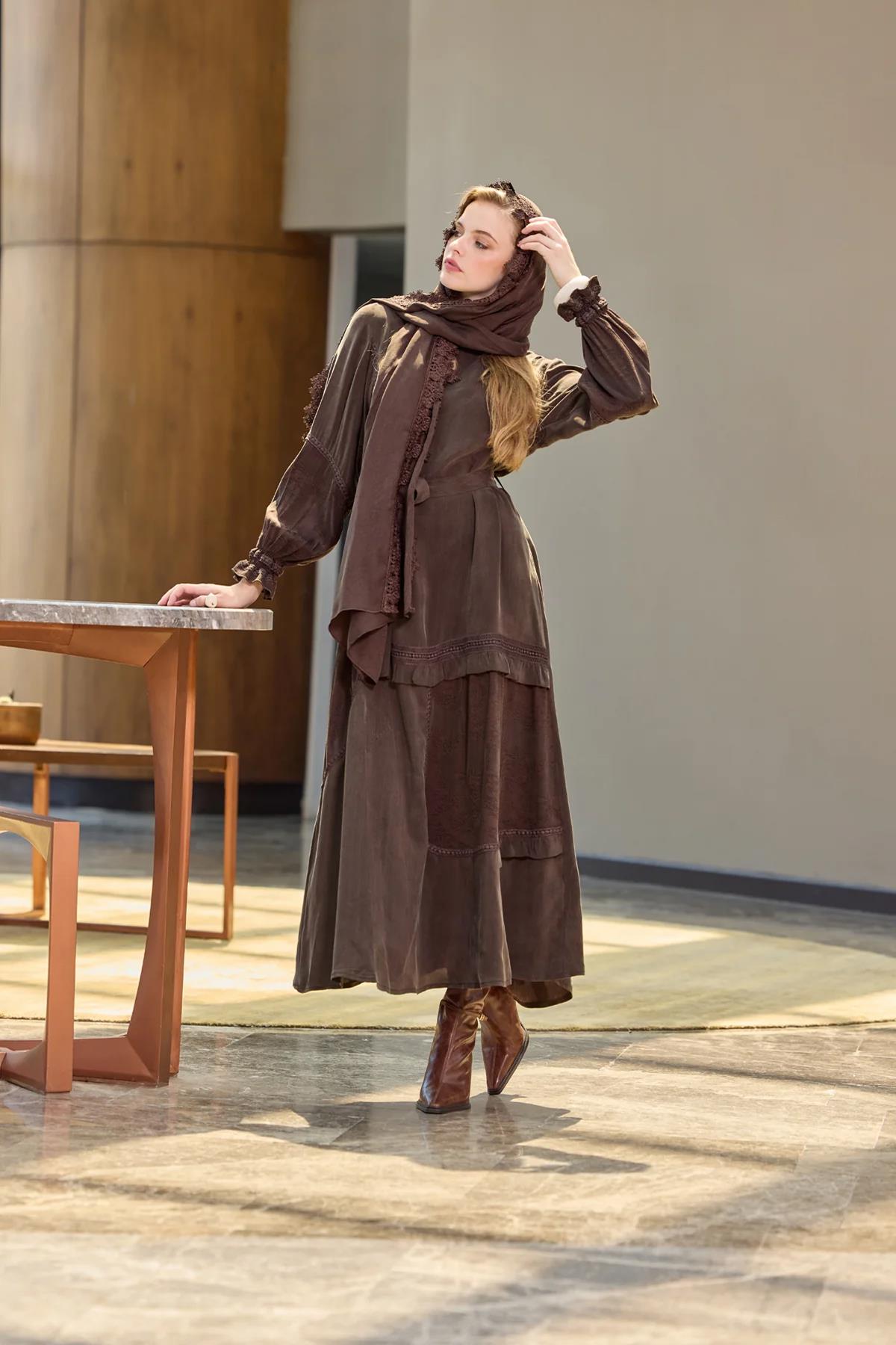 Lace Detailed Belted Shawl Cupro Dress