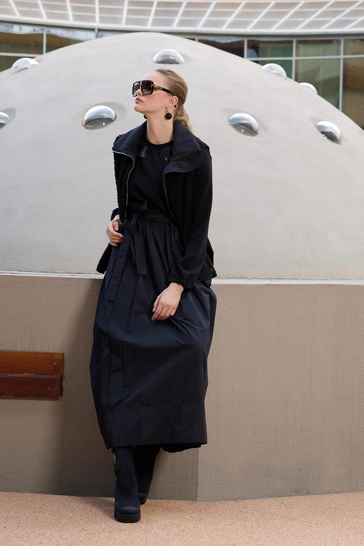 Embroidered Detailed Long Dress with Waist Tie