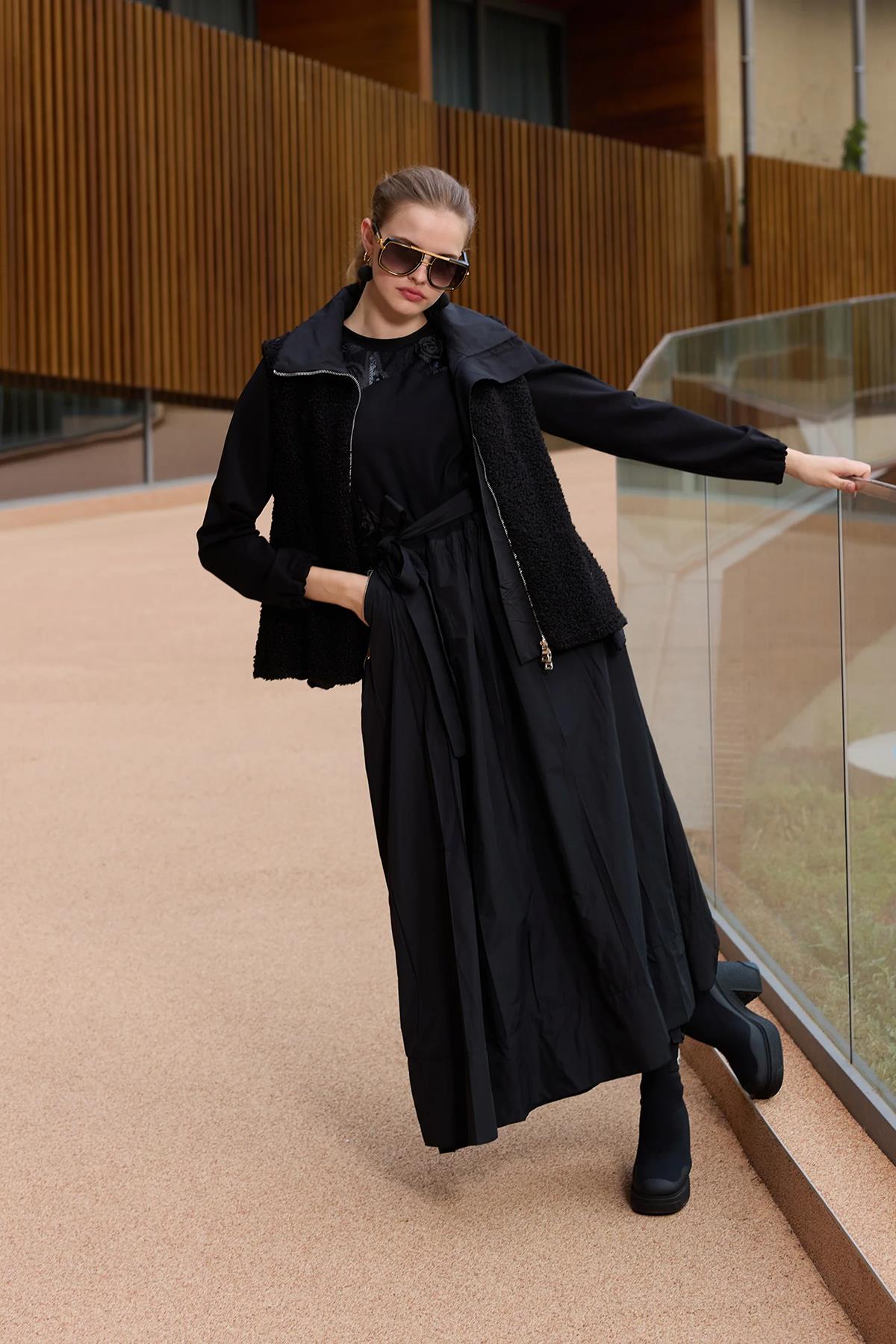 Embroidered Detailed Long Dress with Waist Tie