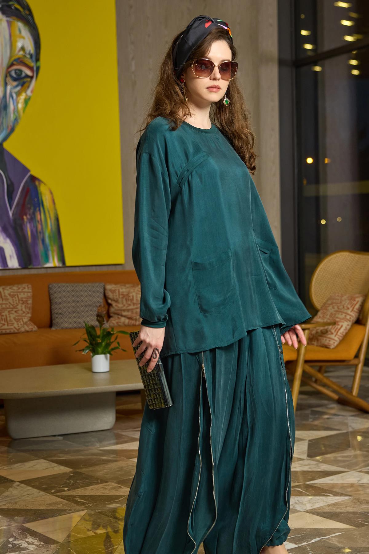 Cepli Tunik Fermuar Detaylı Pantolon Cupro Takım