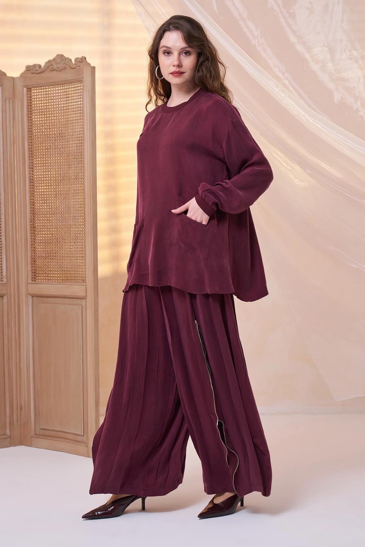 Cepli Tunik Fermuar Detaylı Pantolon Cupro Takım