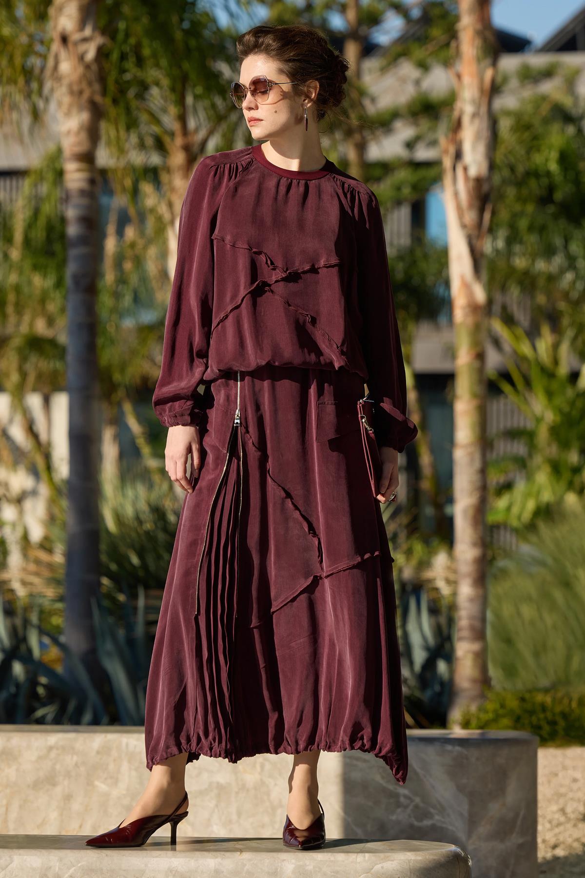 Dikiş Detaylı Tunik Etek Yan Fermuar Cupro Takım