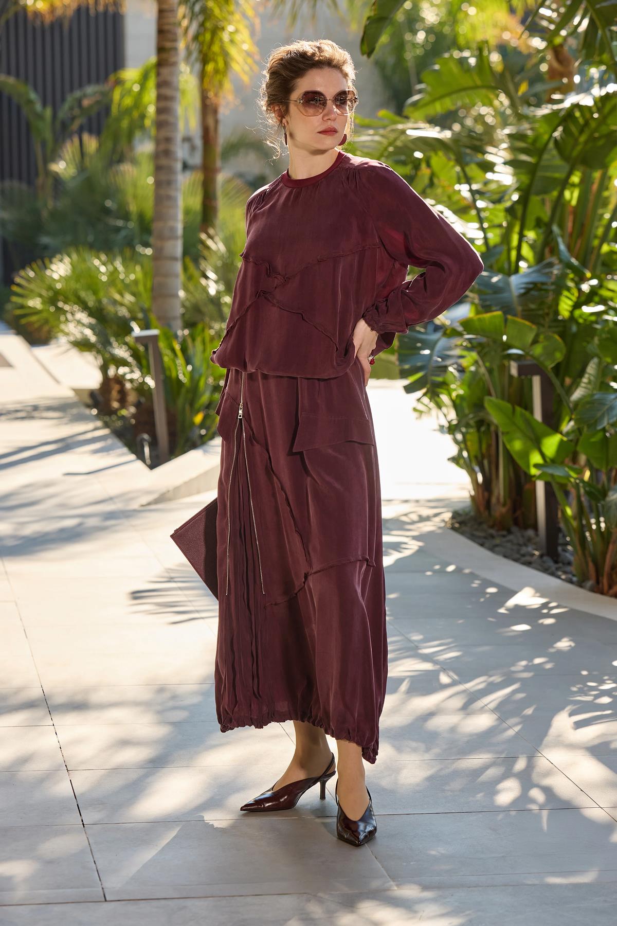 Dikiş Detaylı Tunik Etek Yan Fermuar Cupro Takım