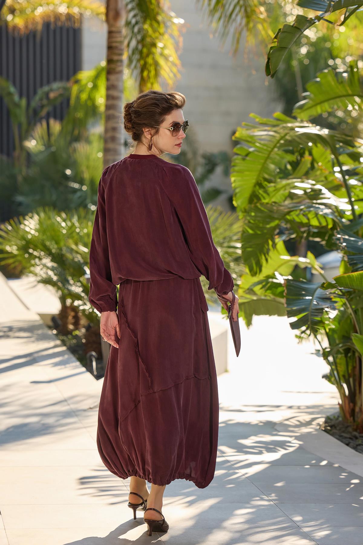 Dikiş Detaylı Tunik Etek Yan Fermuar Cupro Takım