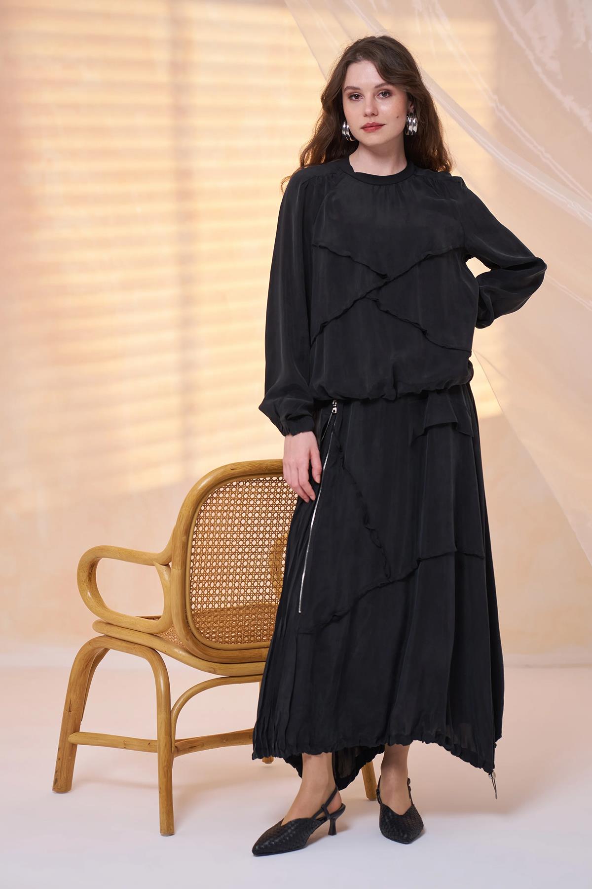 Dikiş Detaylı Tunik Etek Yan Fermuar Cupro Takım