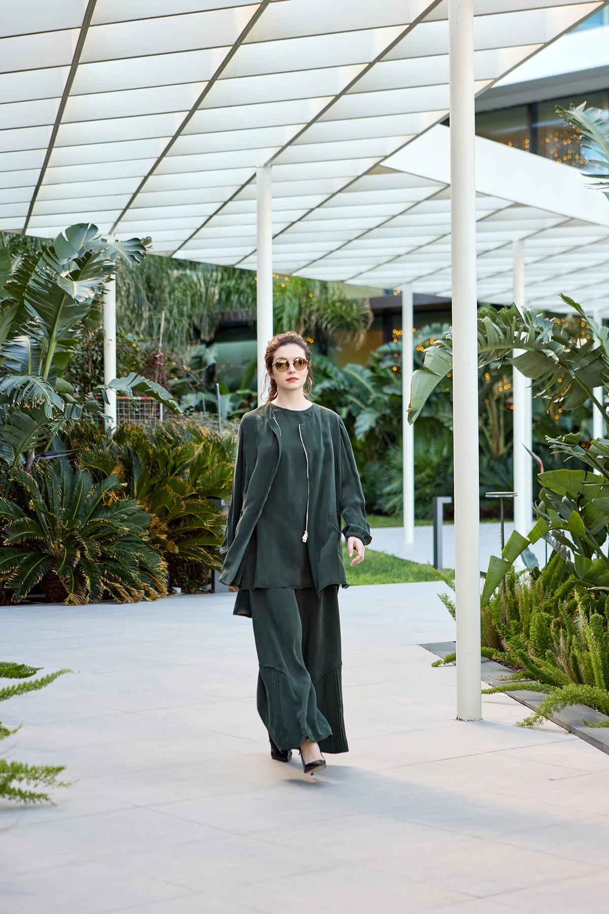 Fermuarlı Ceket Tunik Pantolon Cupro Takım