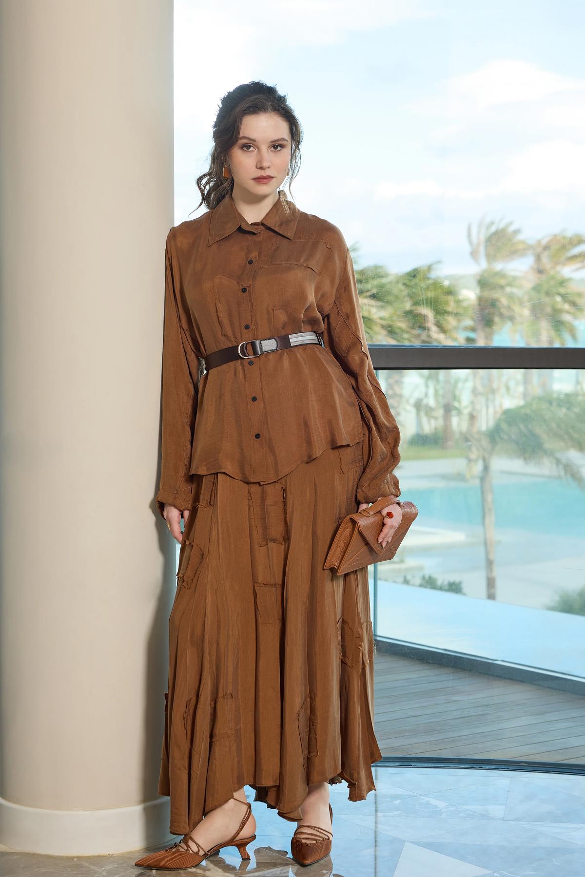 Düğmeli Gömlek Yama Detaylı Etek Cupro Takım