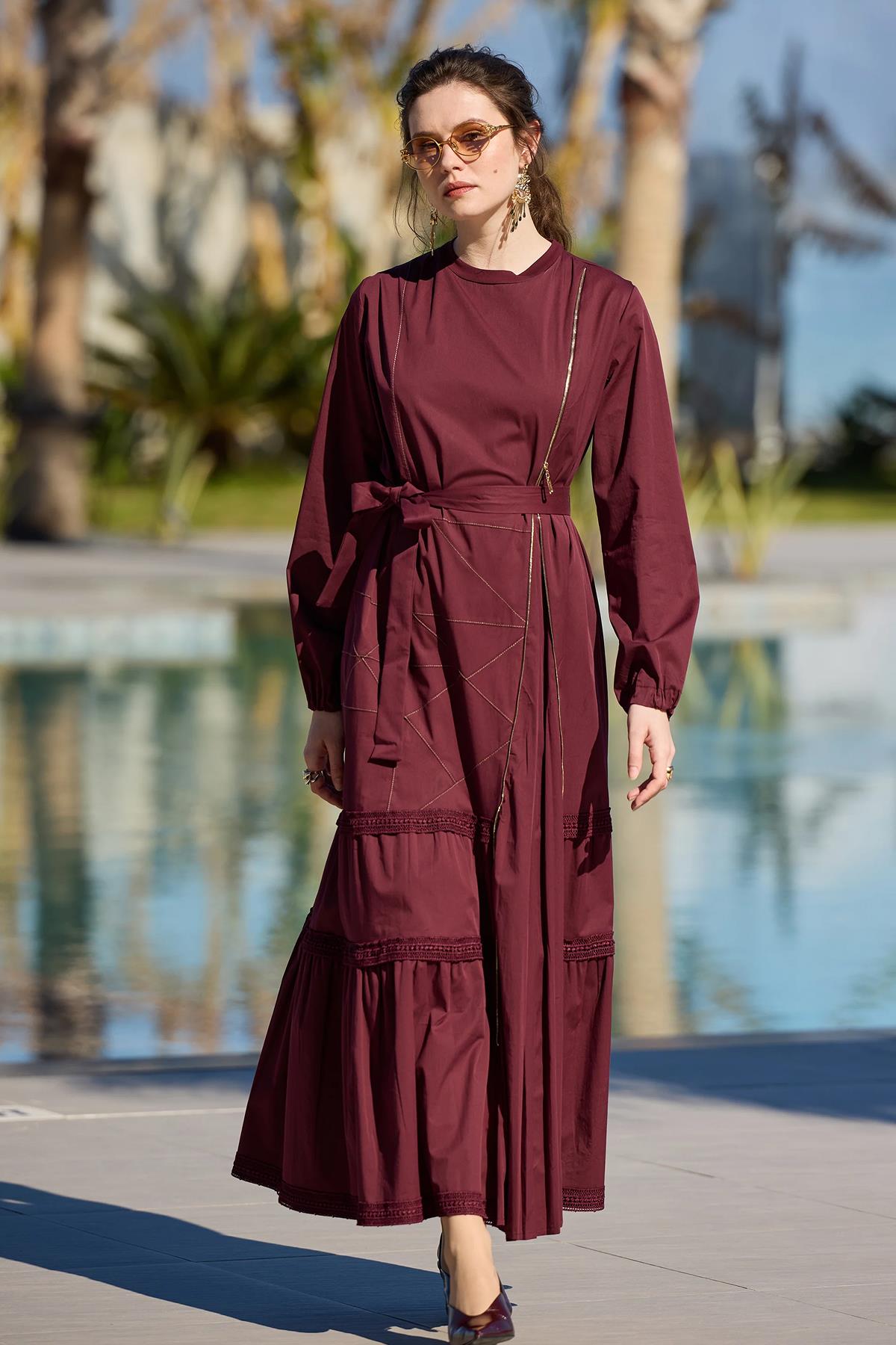 Beli Kuşaklı Fermuar Detaylı Patchwork Elbise