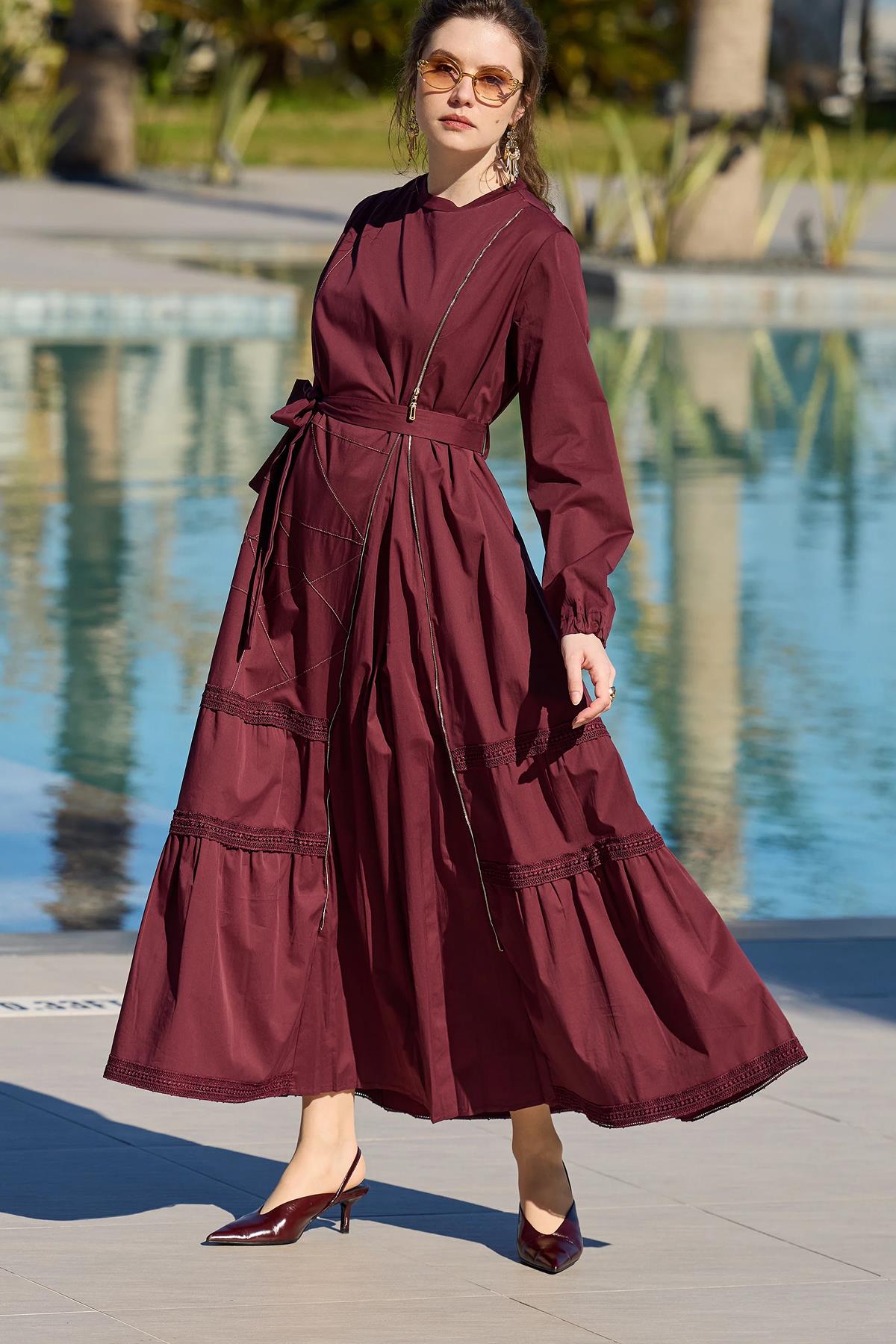 Beli Kuşaklı Fermuar Detaylı Patchwork Elbise