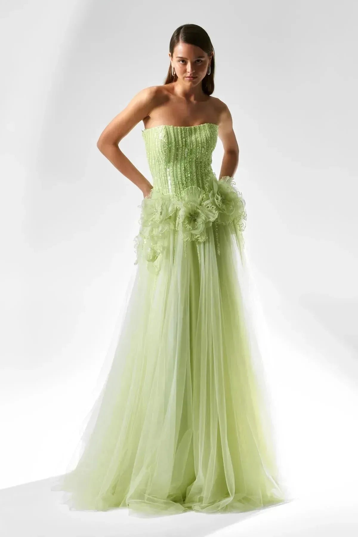 Embossed Flower Long Evening Dress with Chest Row Stones