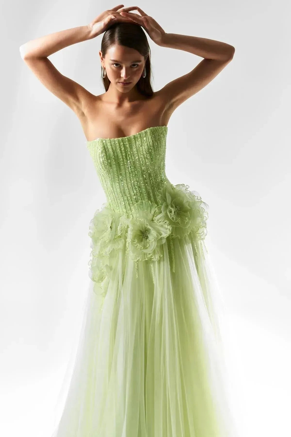 Embossed Flower Long Evening Dress with Chest Row Stones