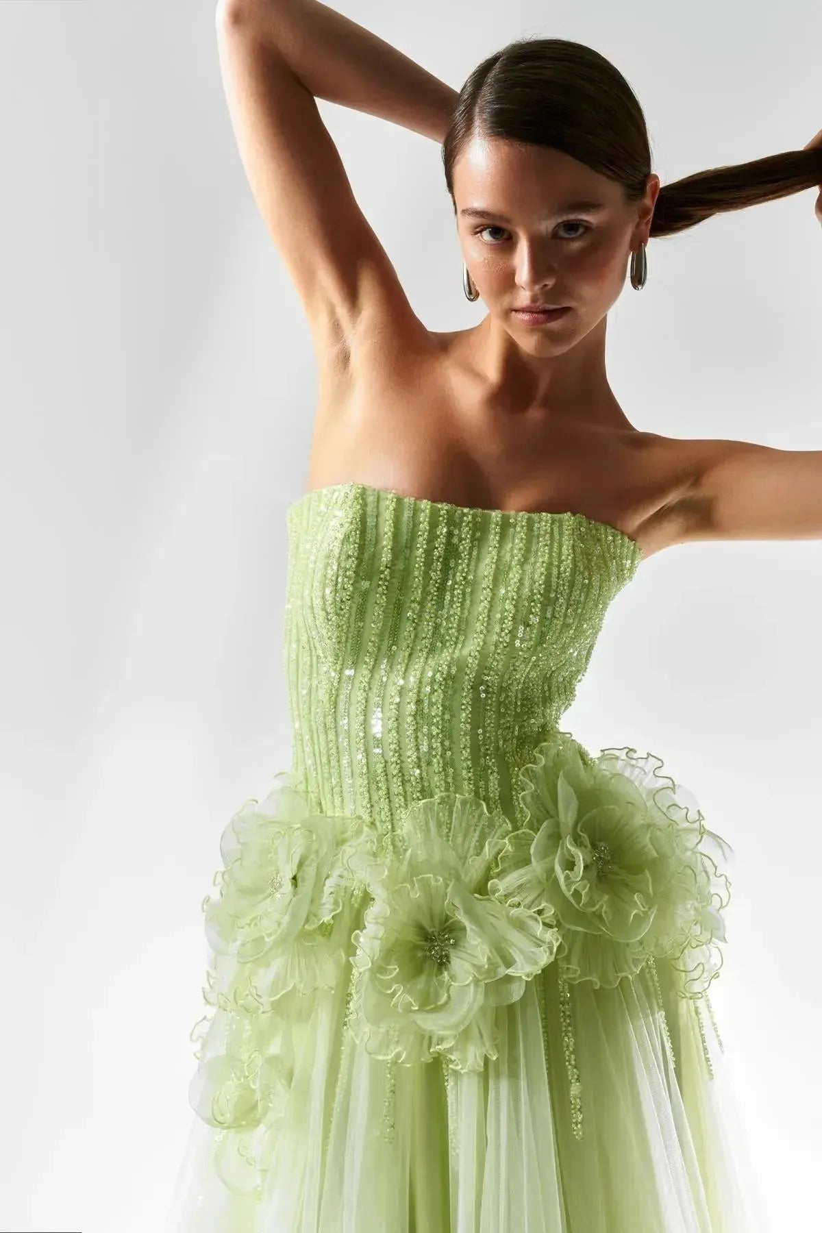 Embossed Flower Long Evening Dress with Chest Row Stones