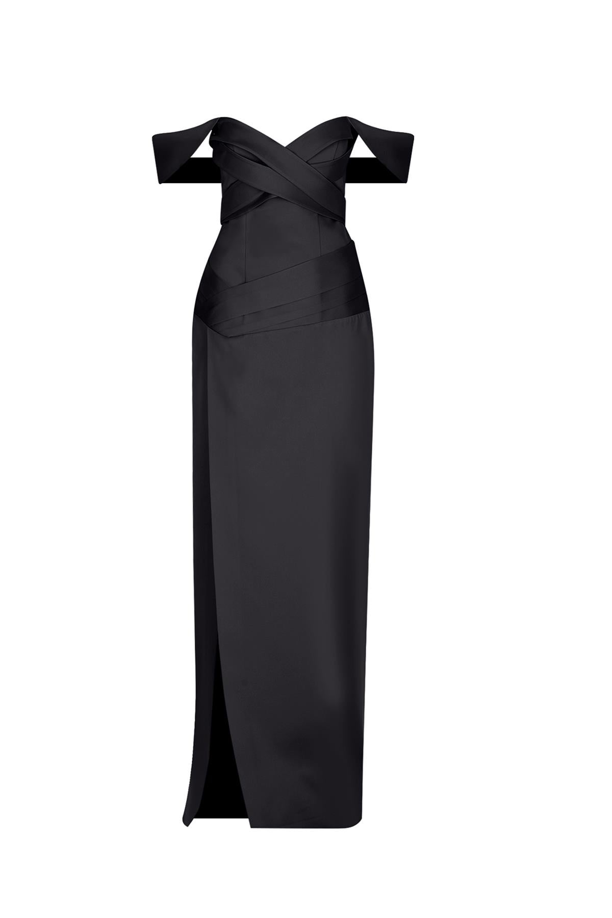 Off the Shoulder Cross Draped Slit Detailed Long Evening Dress