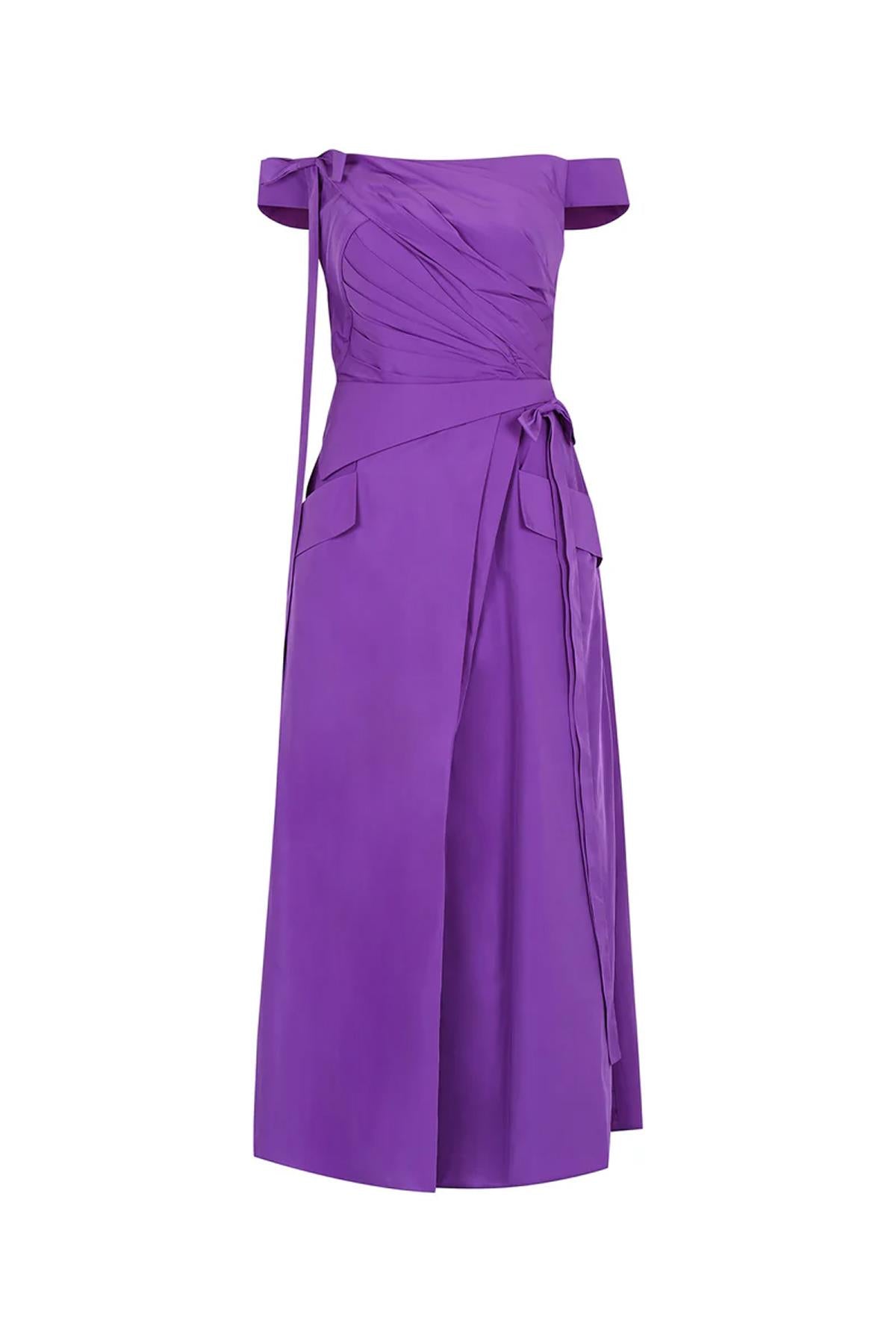 Omuz Dekolteli Drapeli Cepli Midi Abiye Elbise