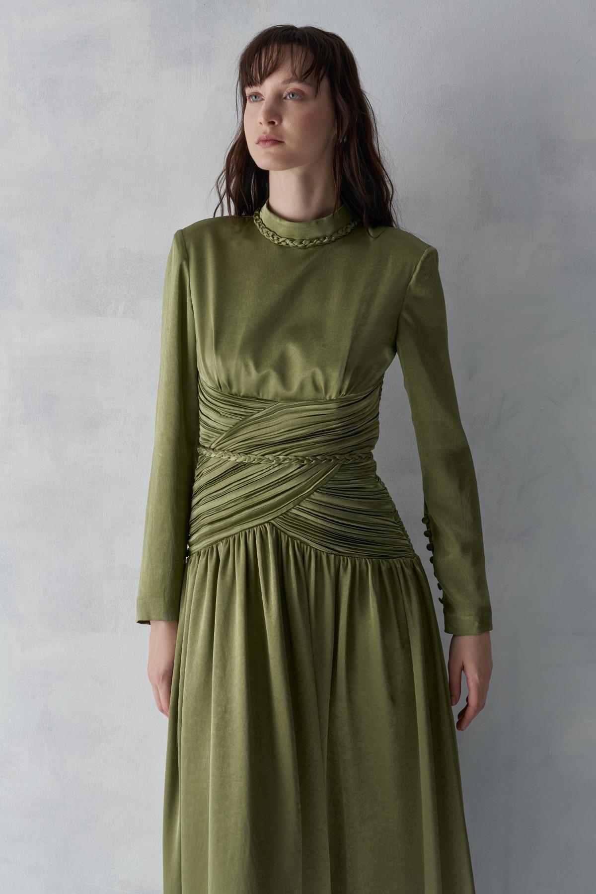 Ön Drape Örgü Parlak Elbise - Eser Giyim