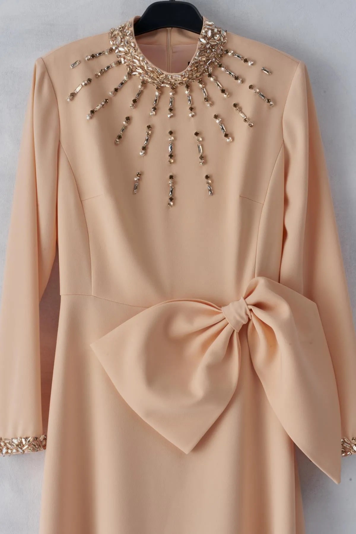 Stone Embroidered Bow Long Evening Dress