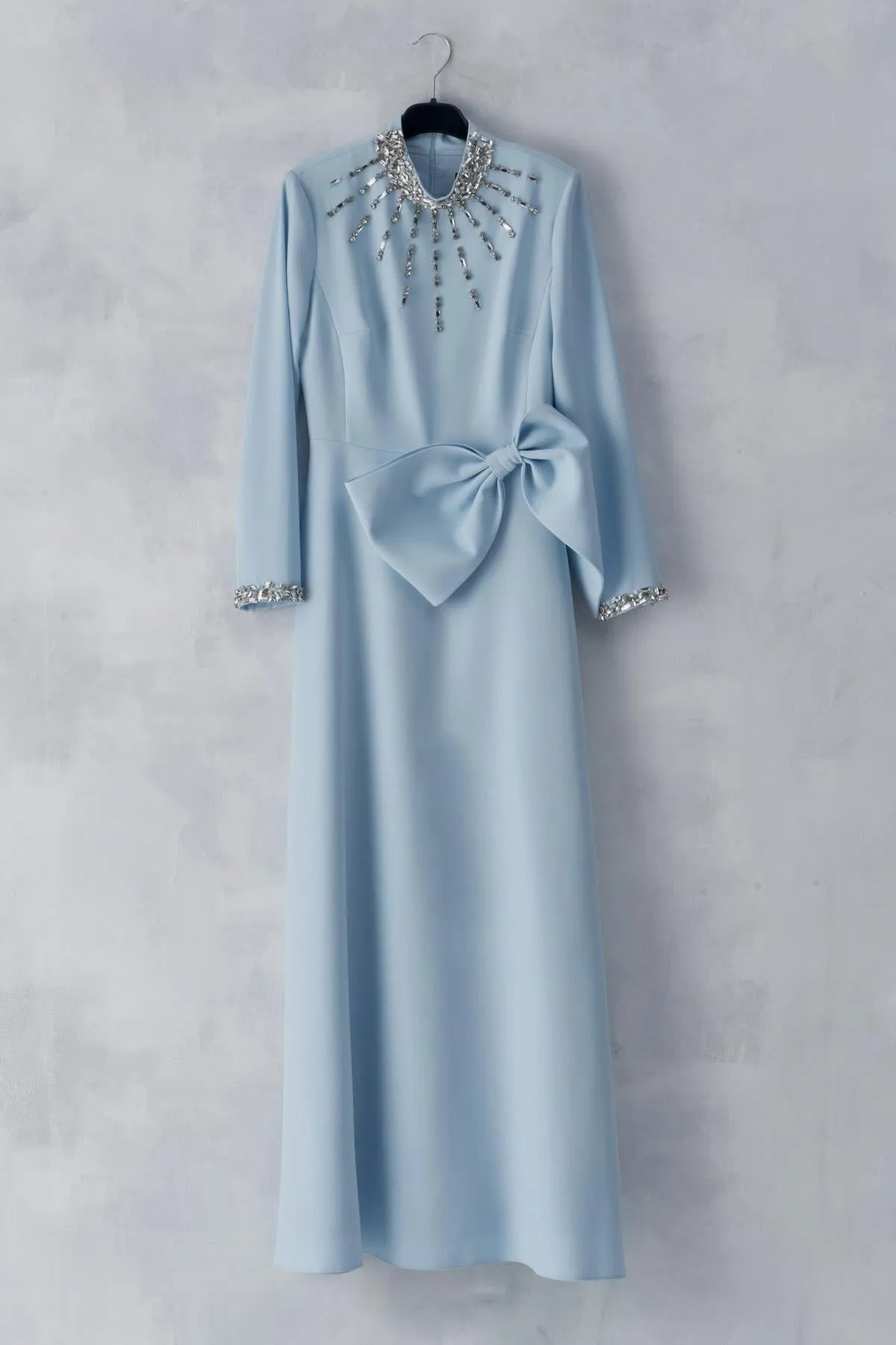 Stone Embroidered Bow Long Evening Dress