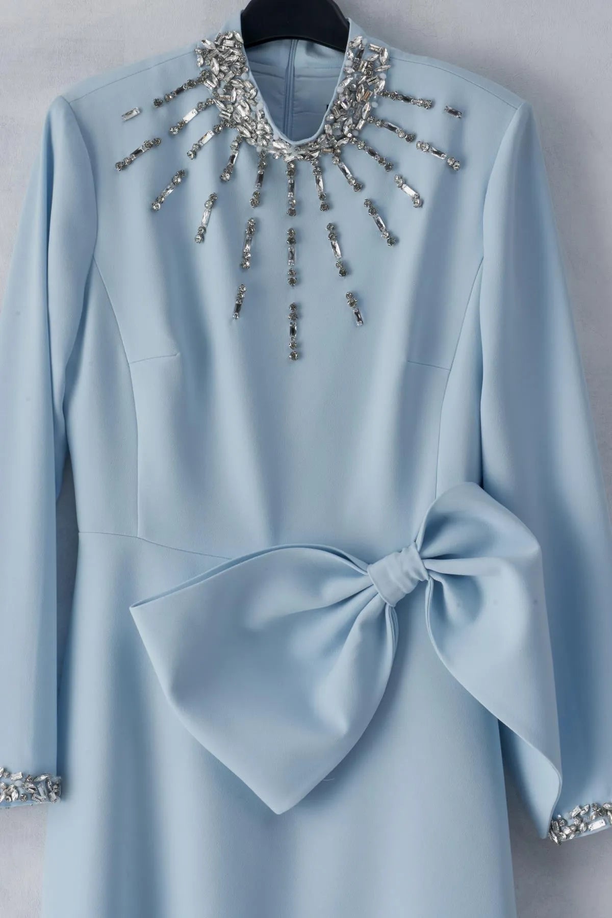 Stone Embroidered Bow Long Evening Dress