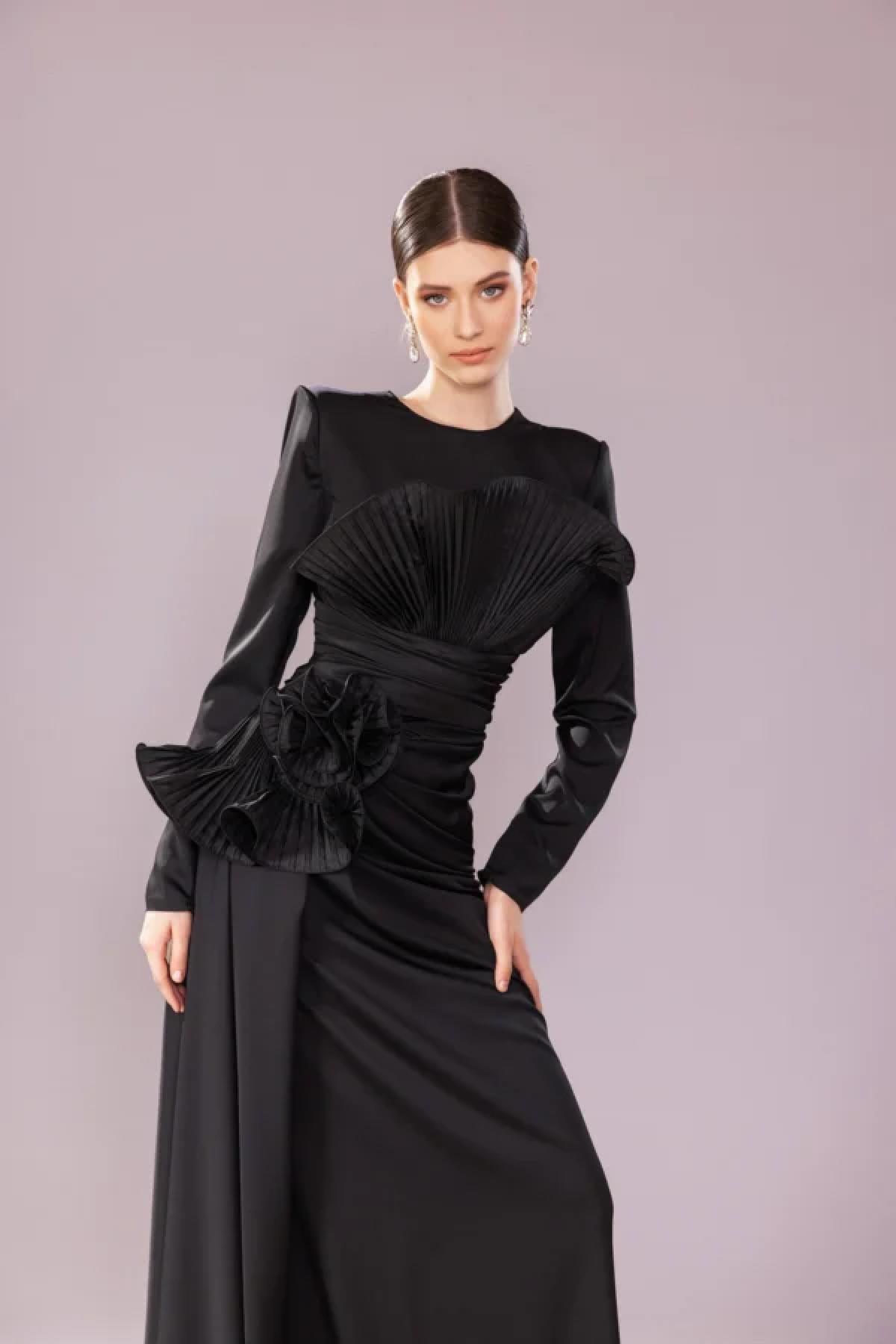 Ön Pilise Kabartma Çiçek Tesettür Abiye Elbise - Eser Giyim