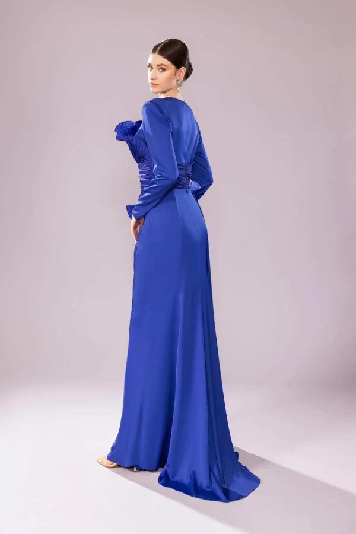 Ön Pilise Kabartma Çiçek Tesettür Abiye Elbise - Eser Giyim