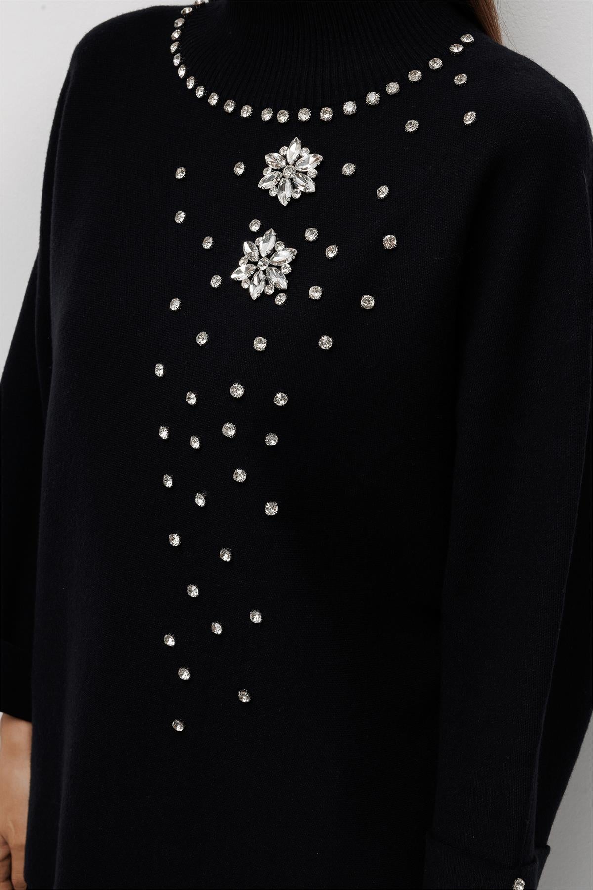 Stand-Up Collar Embellished Knit Sweater
