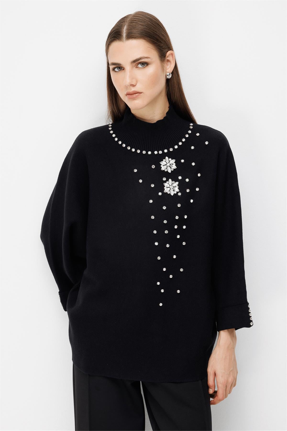 Stand-Up Collar Embellished Knit Sweater