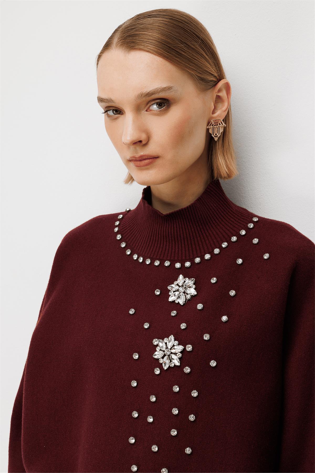 Stand-Up Collar Embellished Knit Sweater