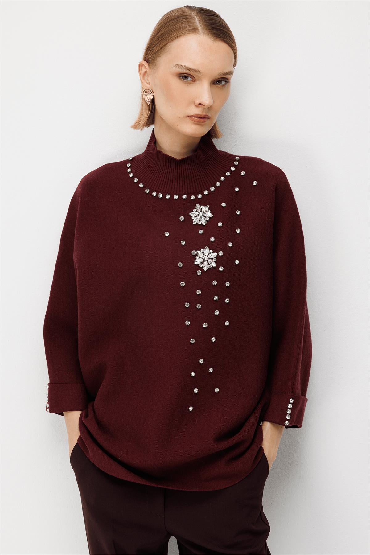 Stand-Up Collar Embellished Knit Sweater