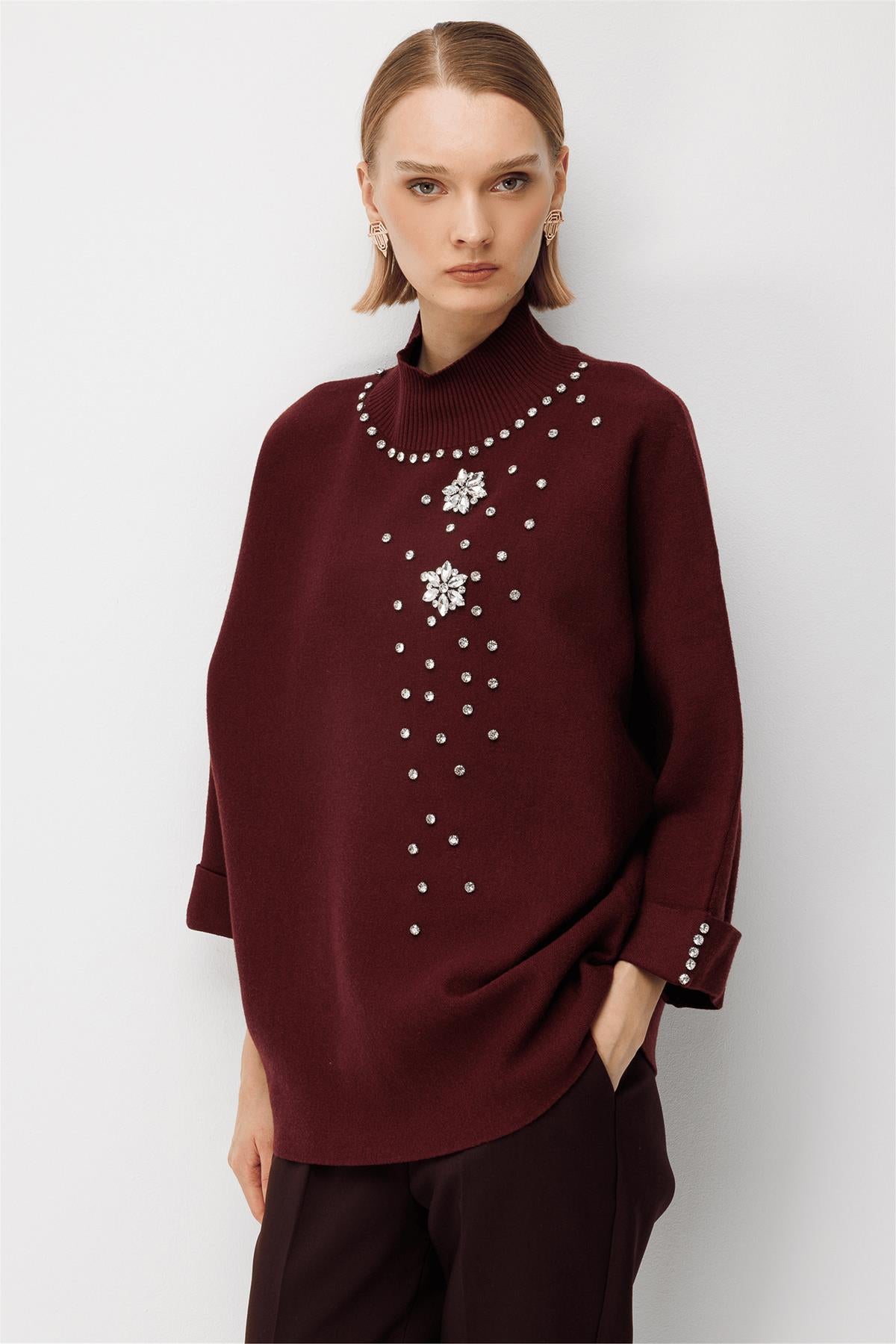 Stand-Up Collar Embellished Knit Sweater