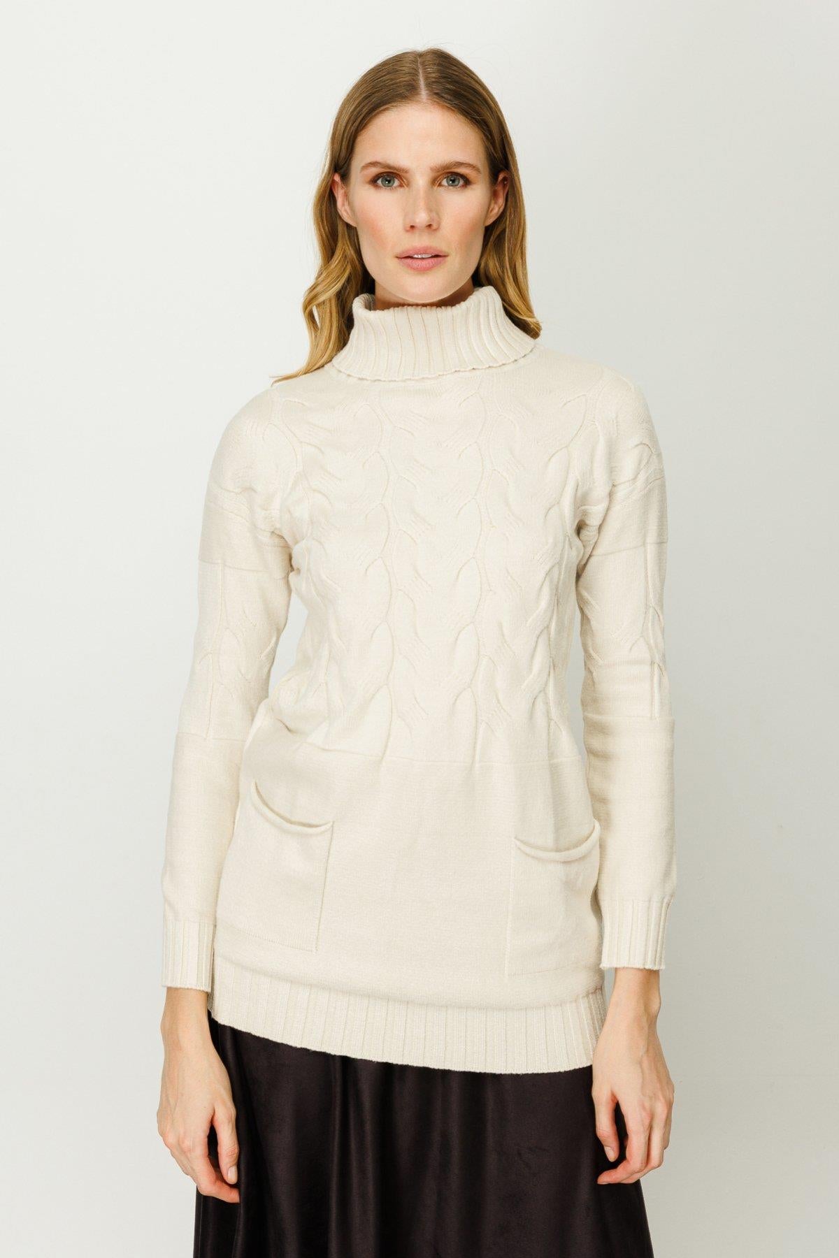 Balıkçı Yaka Cepli Kadın Kazak