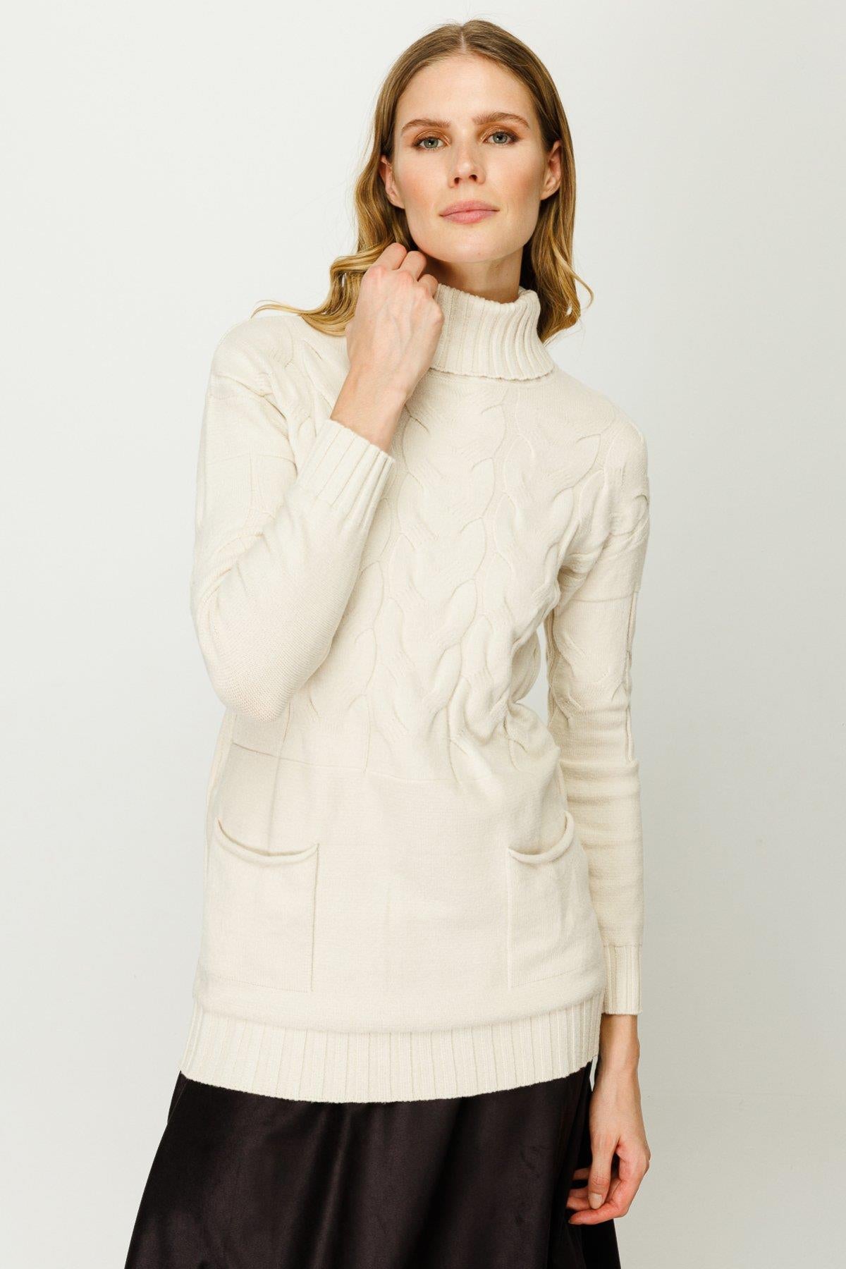 Balıkçı Yaka Cepli Kadın Kazak