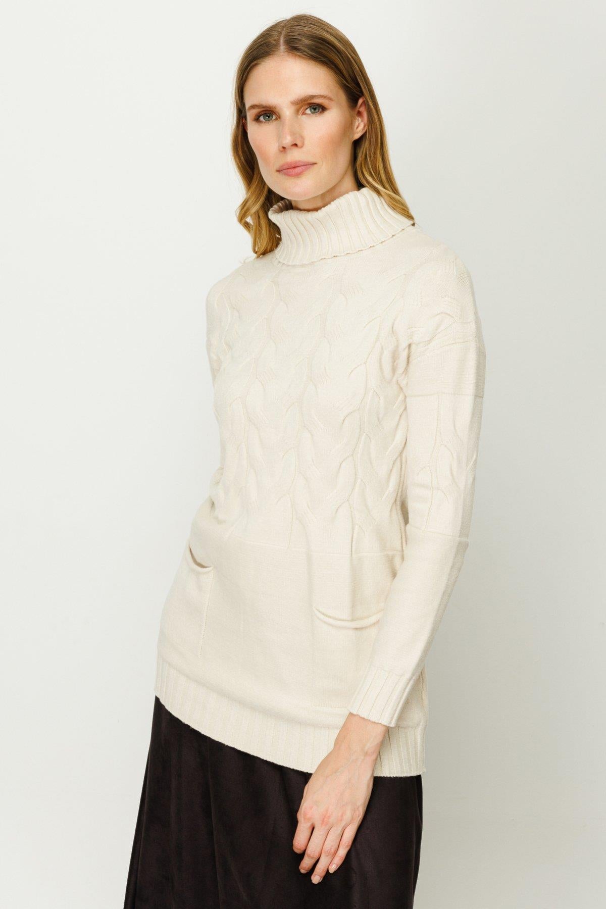 Balıkçı Yaka Cepli Kadın Kazak