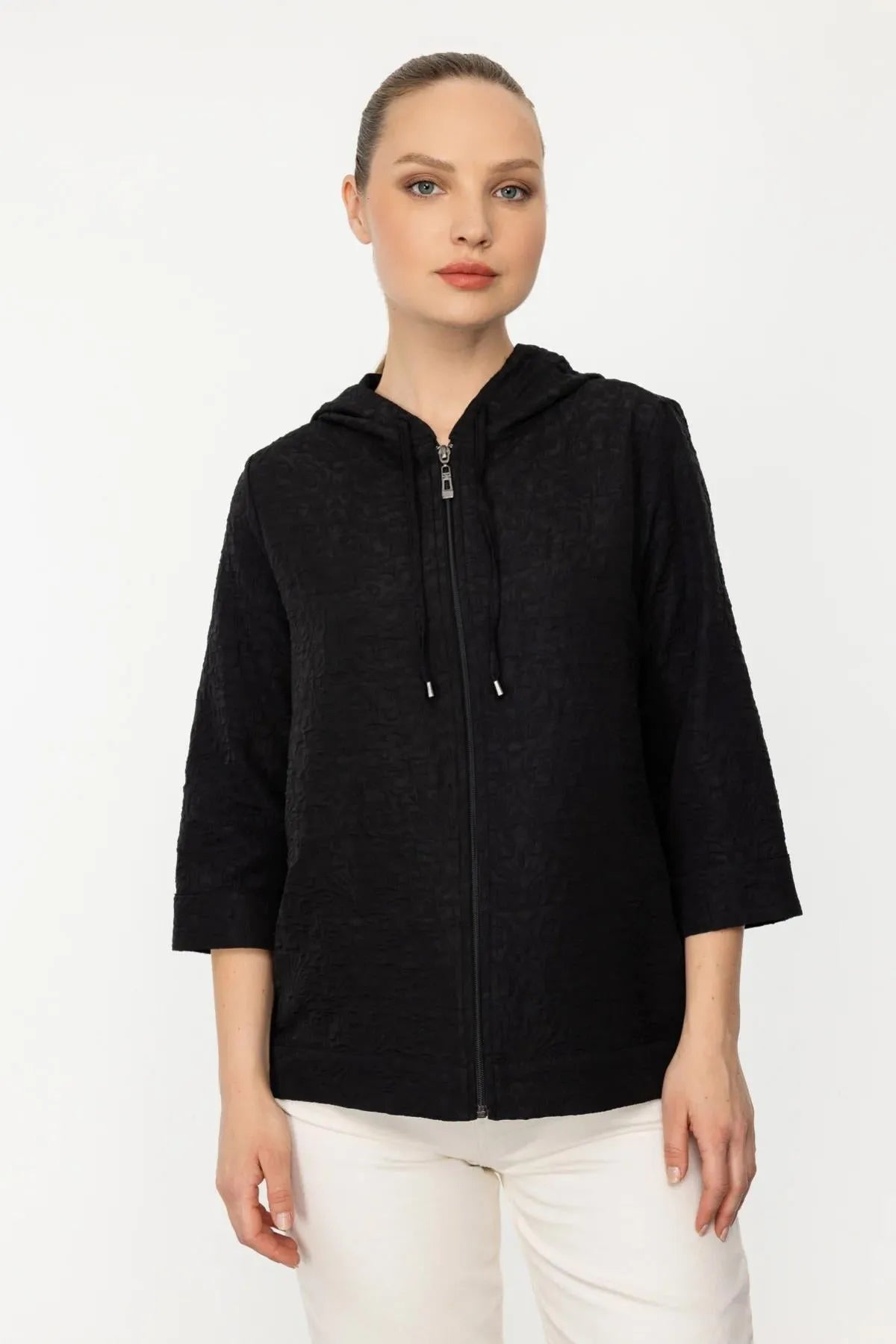 Hooded Zippered Half Sleeve Cardigan