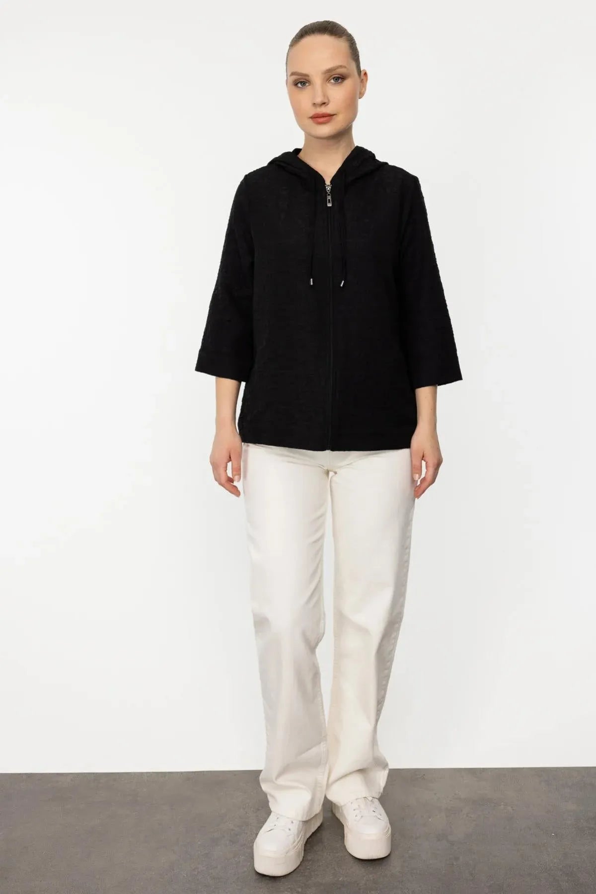 Hooded Zippered Half Sleeve Cardigan