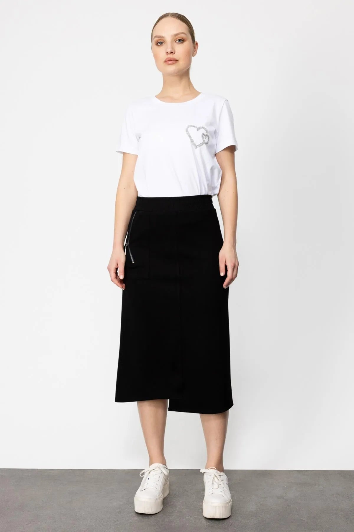 Elastic Waist Ornamental Pocket Zipper Detailed Midi Skirt