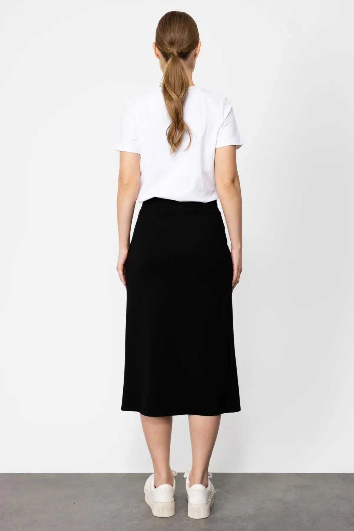 Elastic Waist Ornamental Pocket Zipper Detailed Midi Skirt