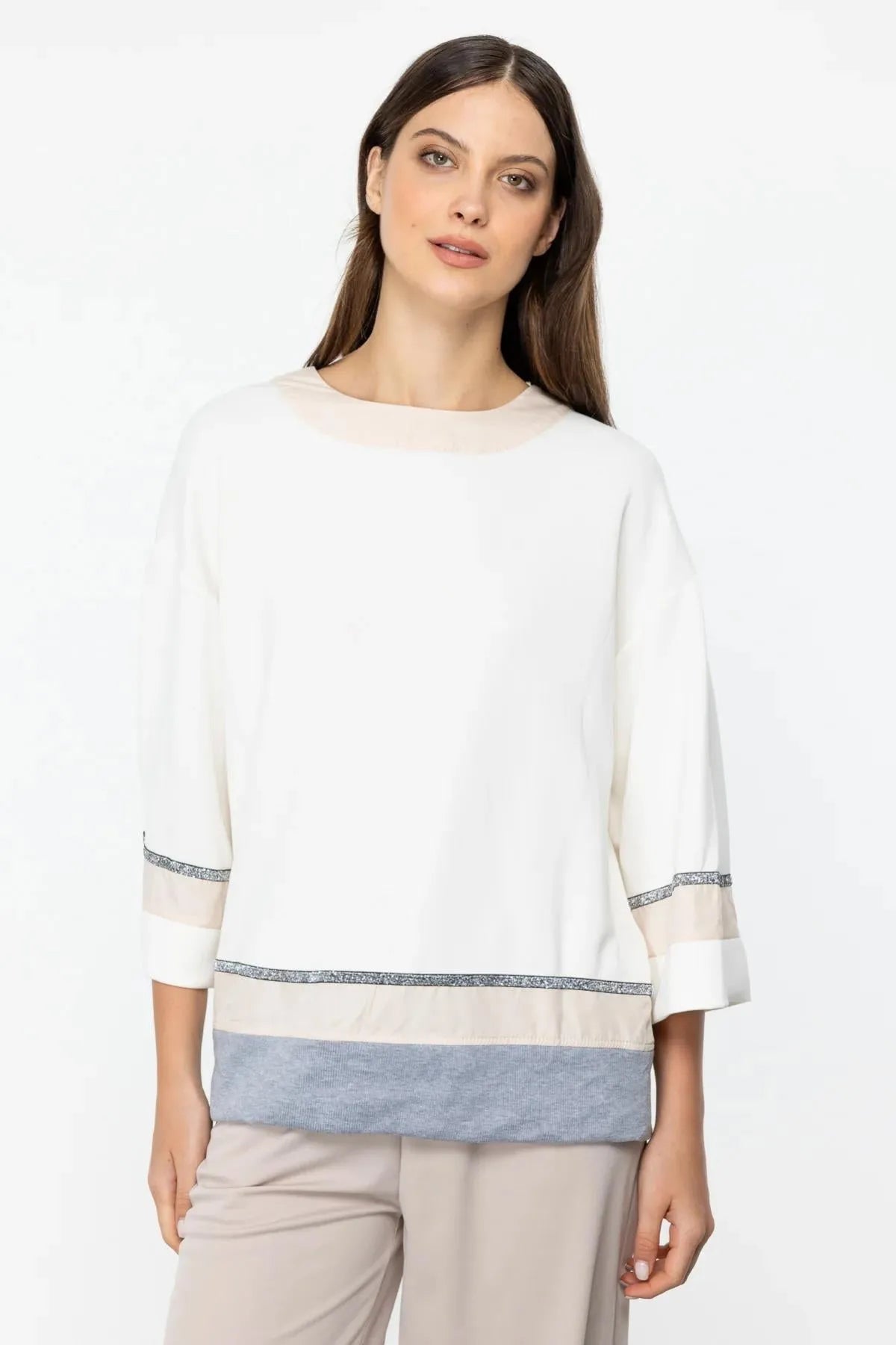 Ribbed Glitter Stripe Detailed Blouse