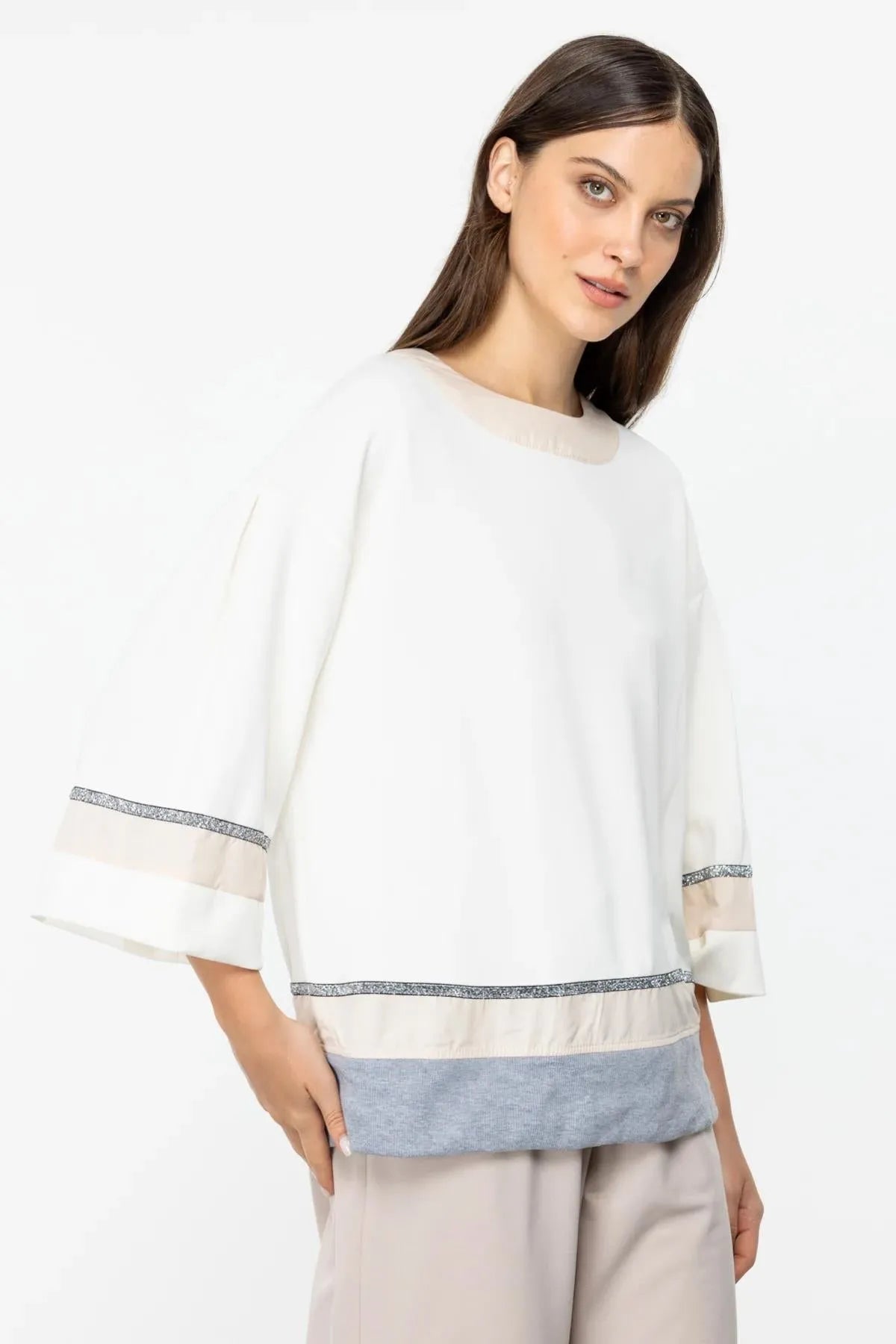 Ribbed Glitter Stripe Detailed Blouse