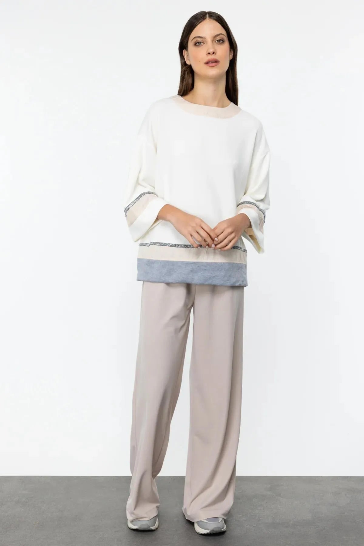 Ribbed Glitter Stripe Detailed Blouse