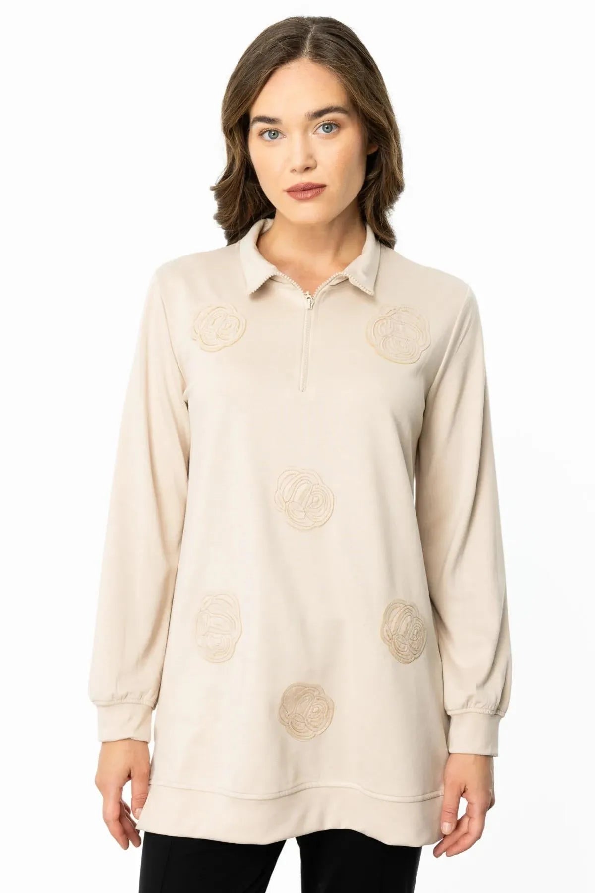Zippered Floral Printed Sweat Tunic