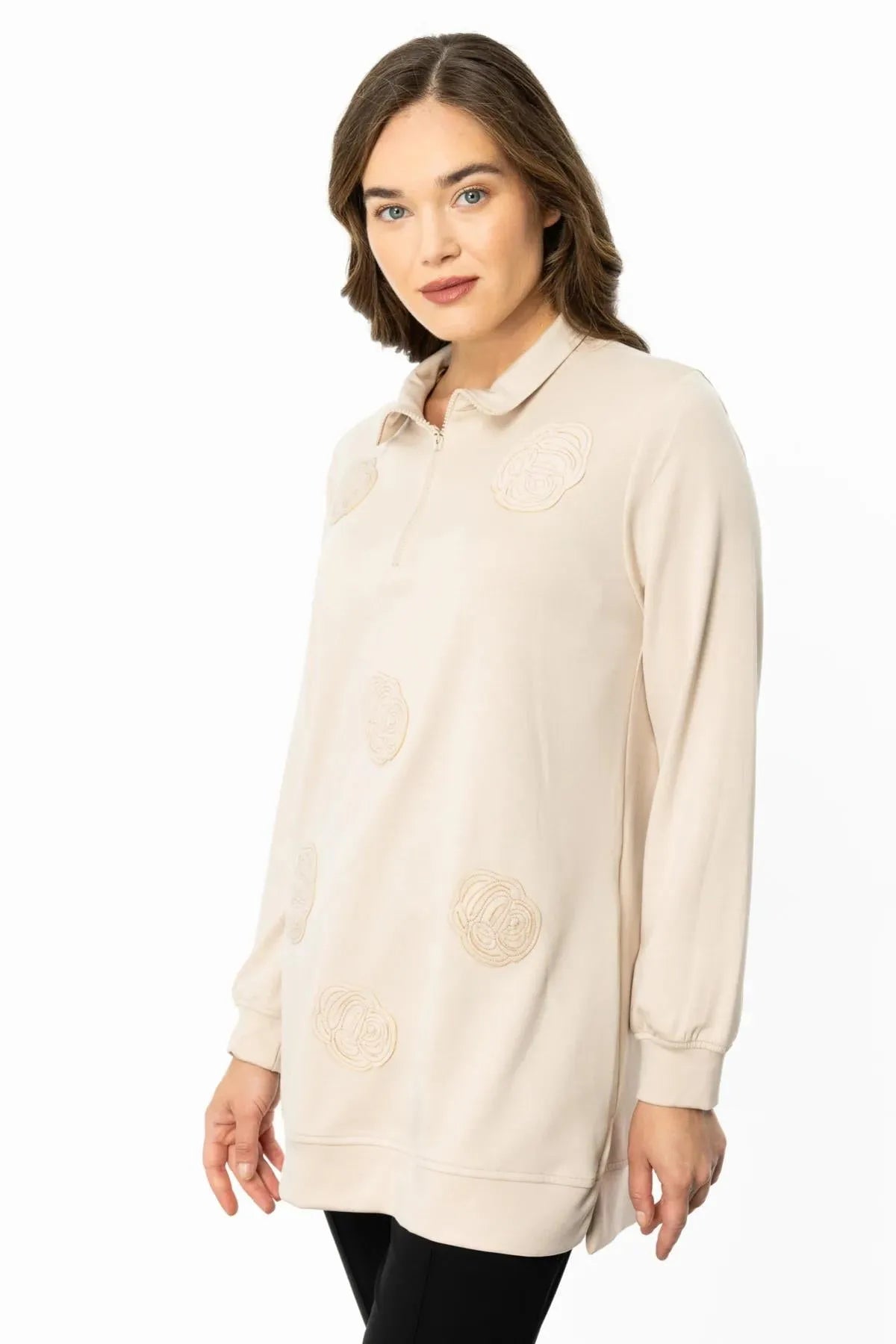 Zippered Floral Printed Sweat Tunic