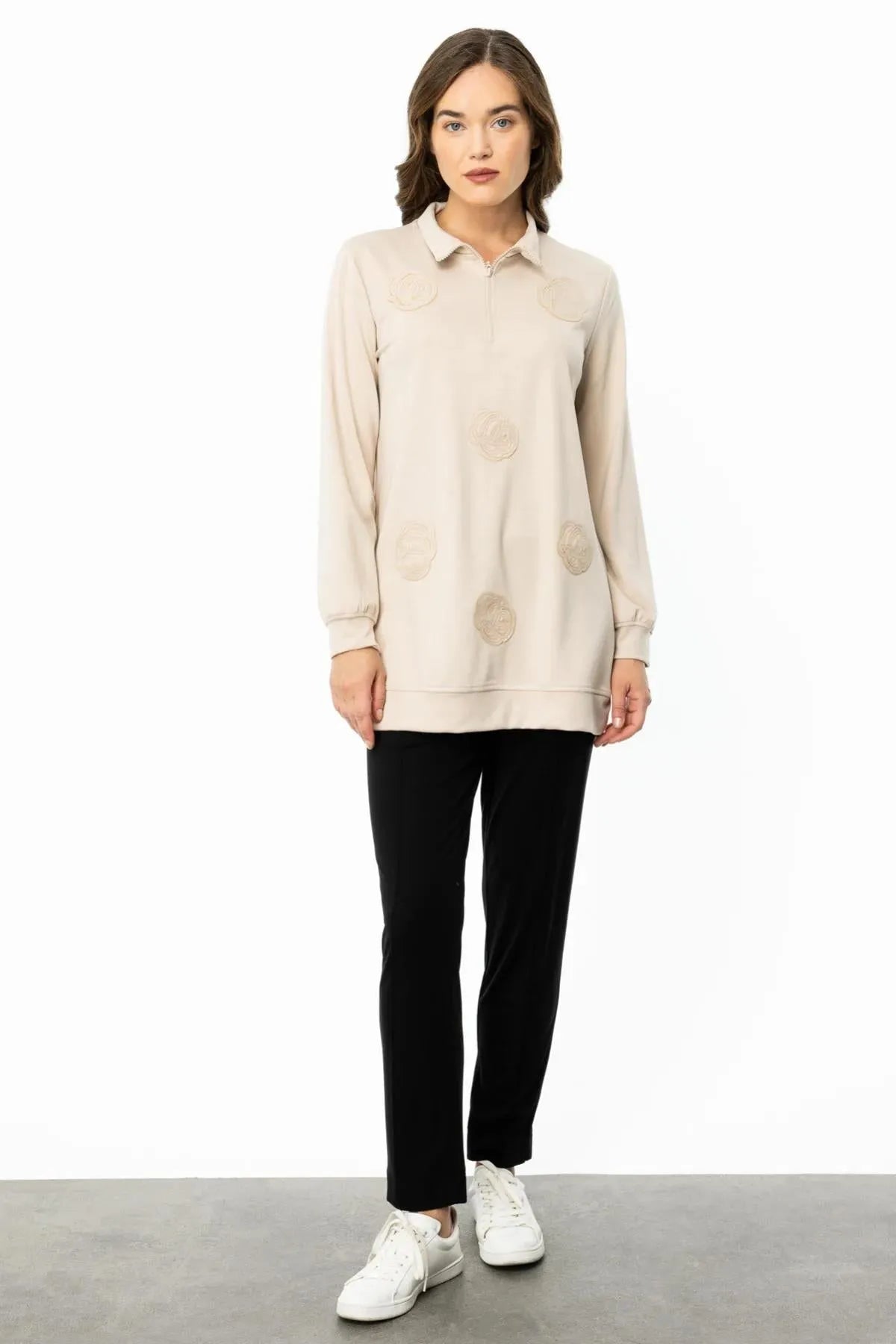 Zippered Floral Printed Sweat Tunic