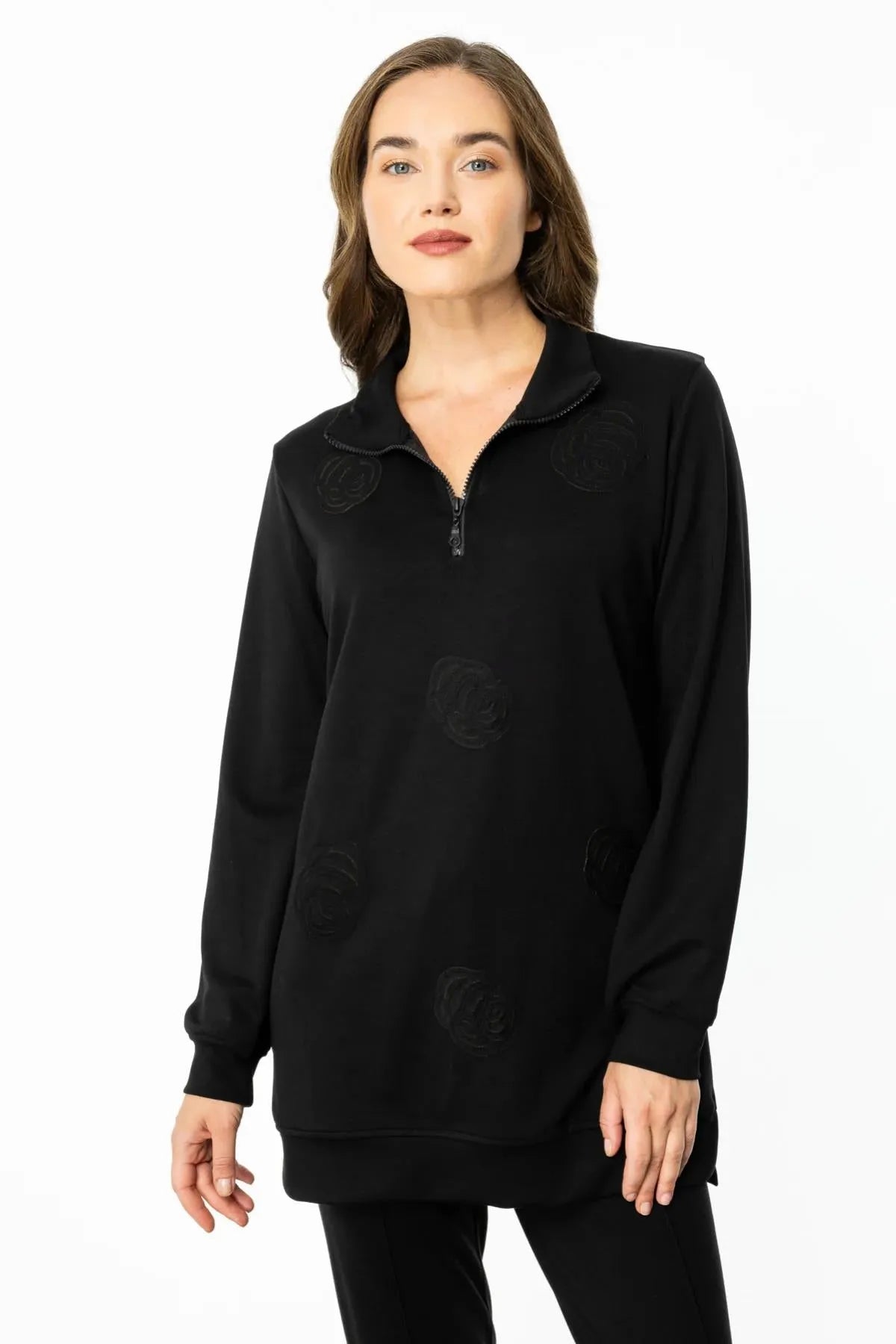 Zippered Floral Printed Sweat Tunic