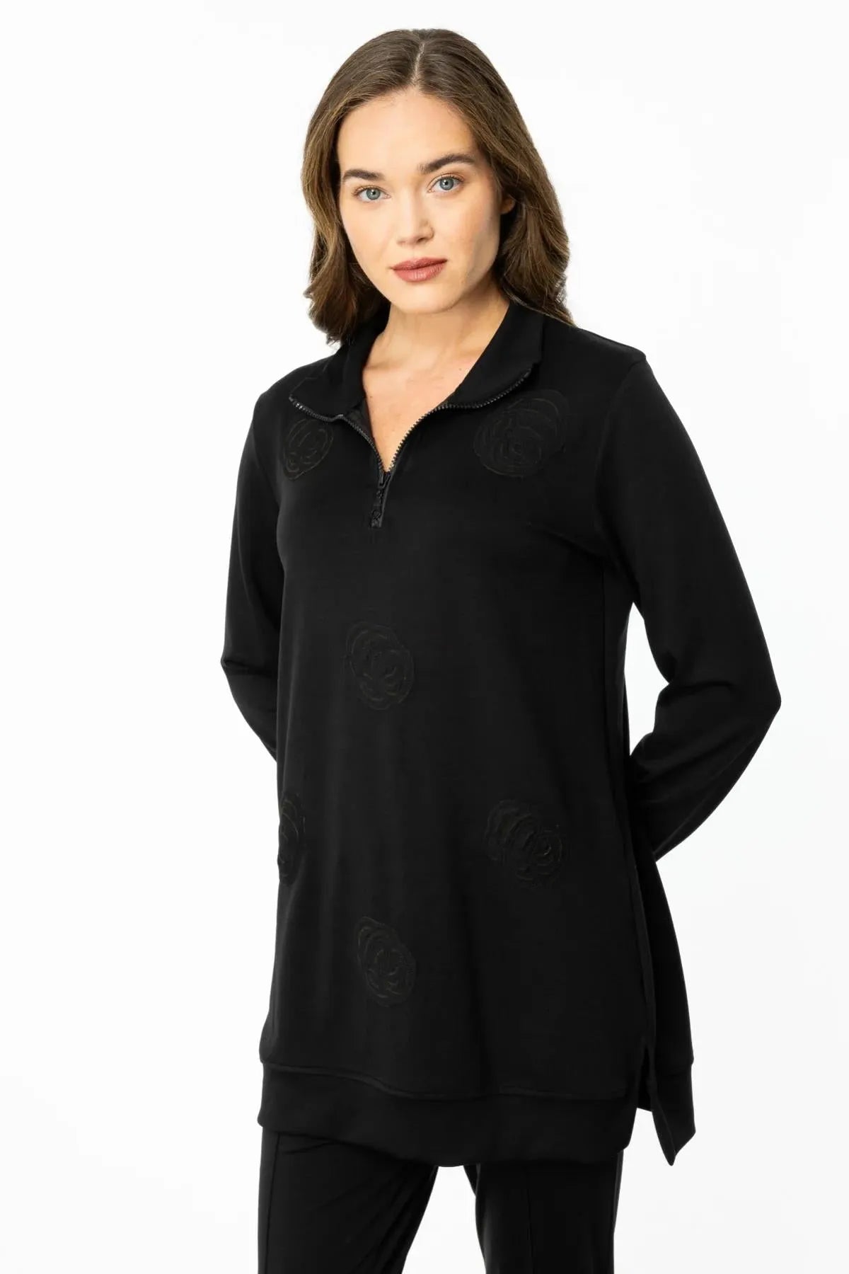 Zippered Floral Printed Sweat Tunic