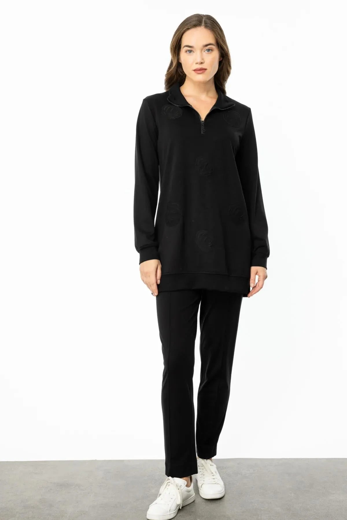 Zippered Floral Printed Sweat Tunic