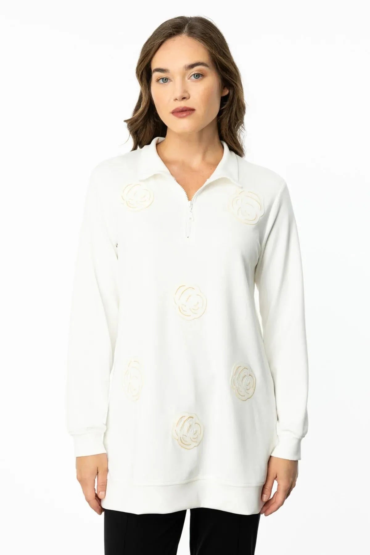 Zippered Floral Printed Sweat Tunic